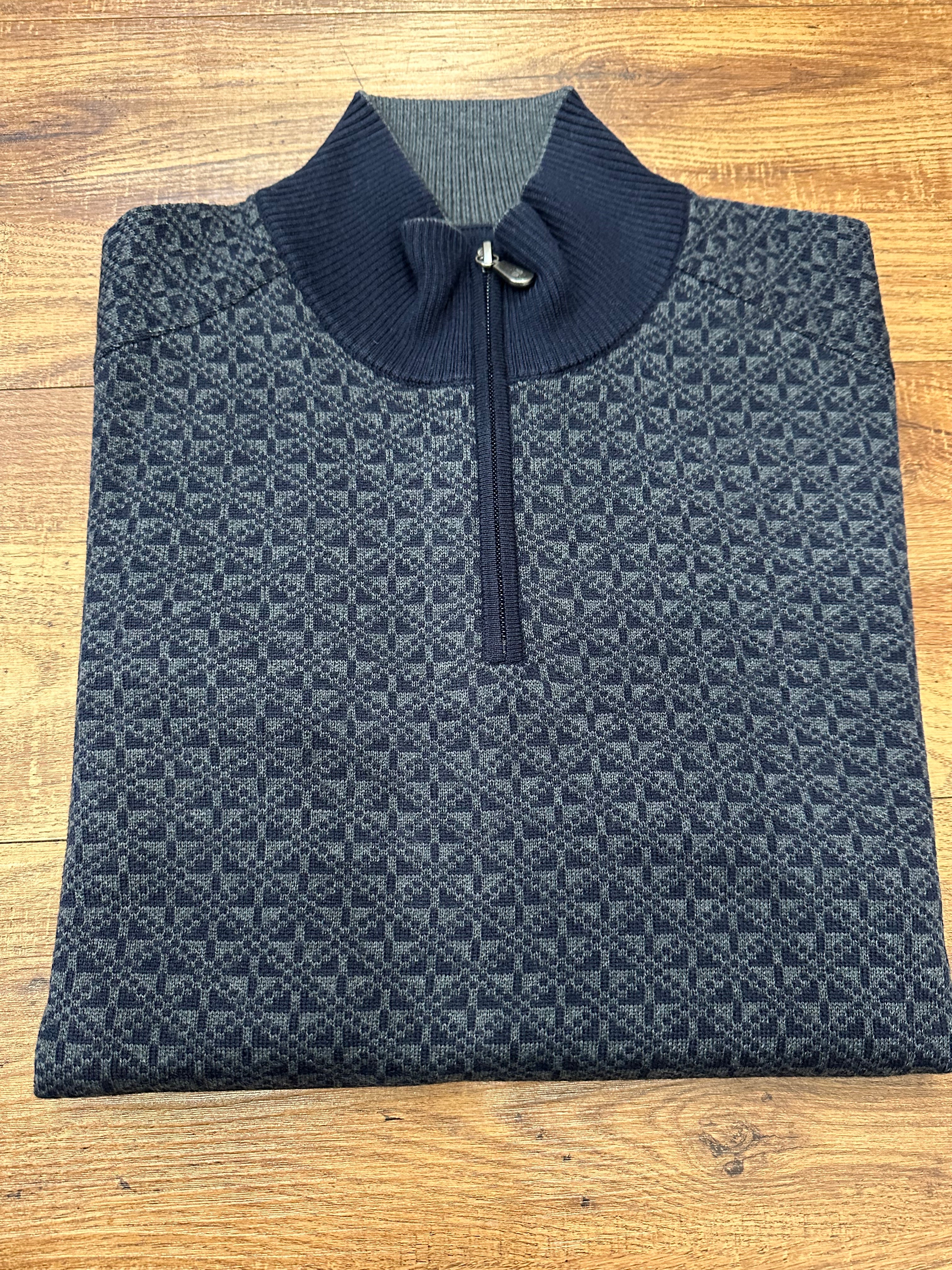 Navy and Gray Jacquard Quarter Zip Sweater