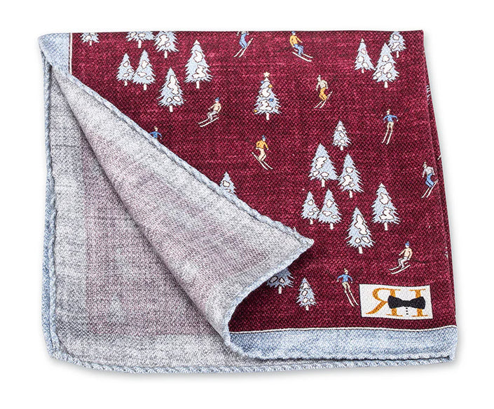 Burgundy/Gray Festive Skiers Pocket Square