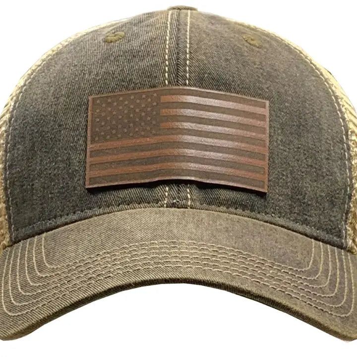American Flag Trucker Cap Genuine Leather Patch