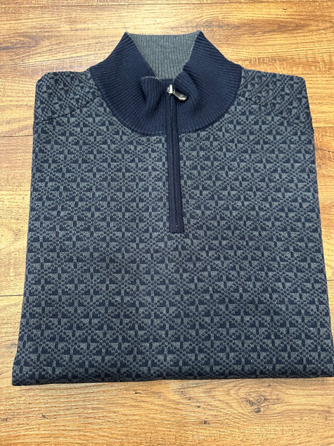 Navy and Gray Jacquard Quarter Zip Sweater