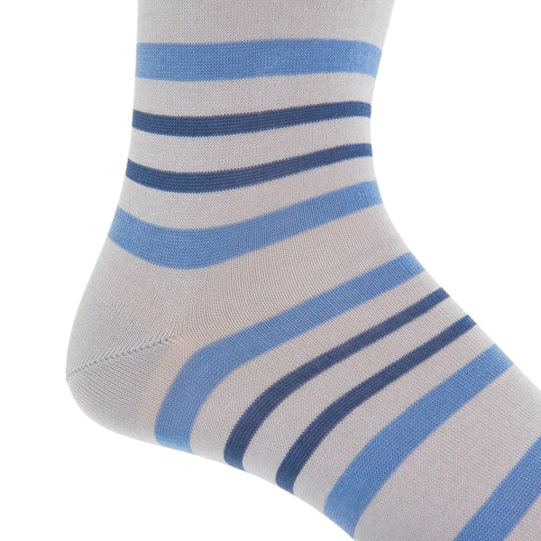 Azure Blue And Indigo Blue Double Stripe Cotton Sock Linked Toe Mid-Calf