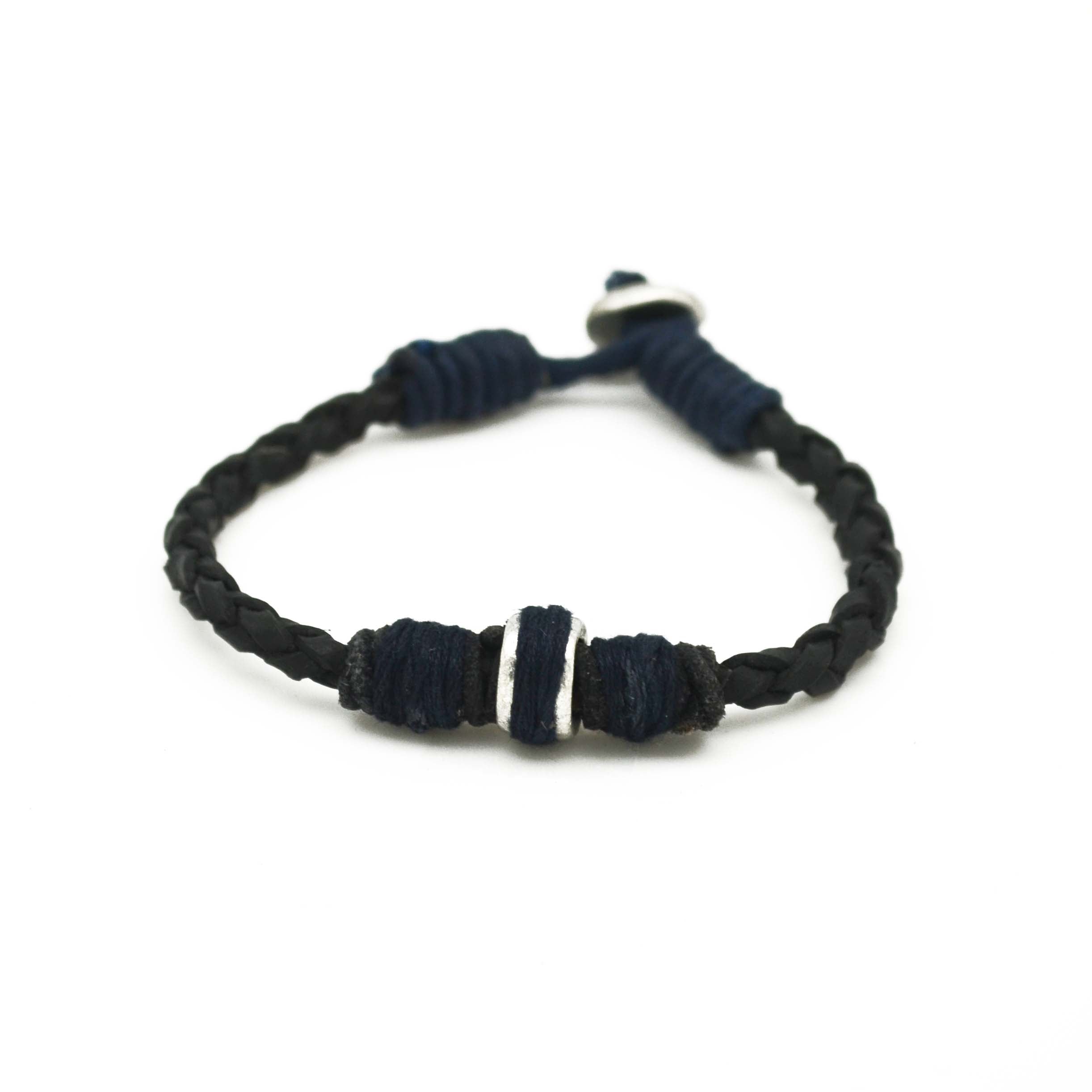 Men's Bracelet - Bead jute and leather w/ loop & button closure