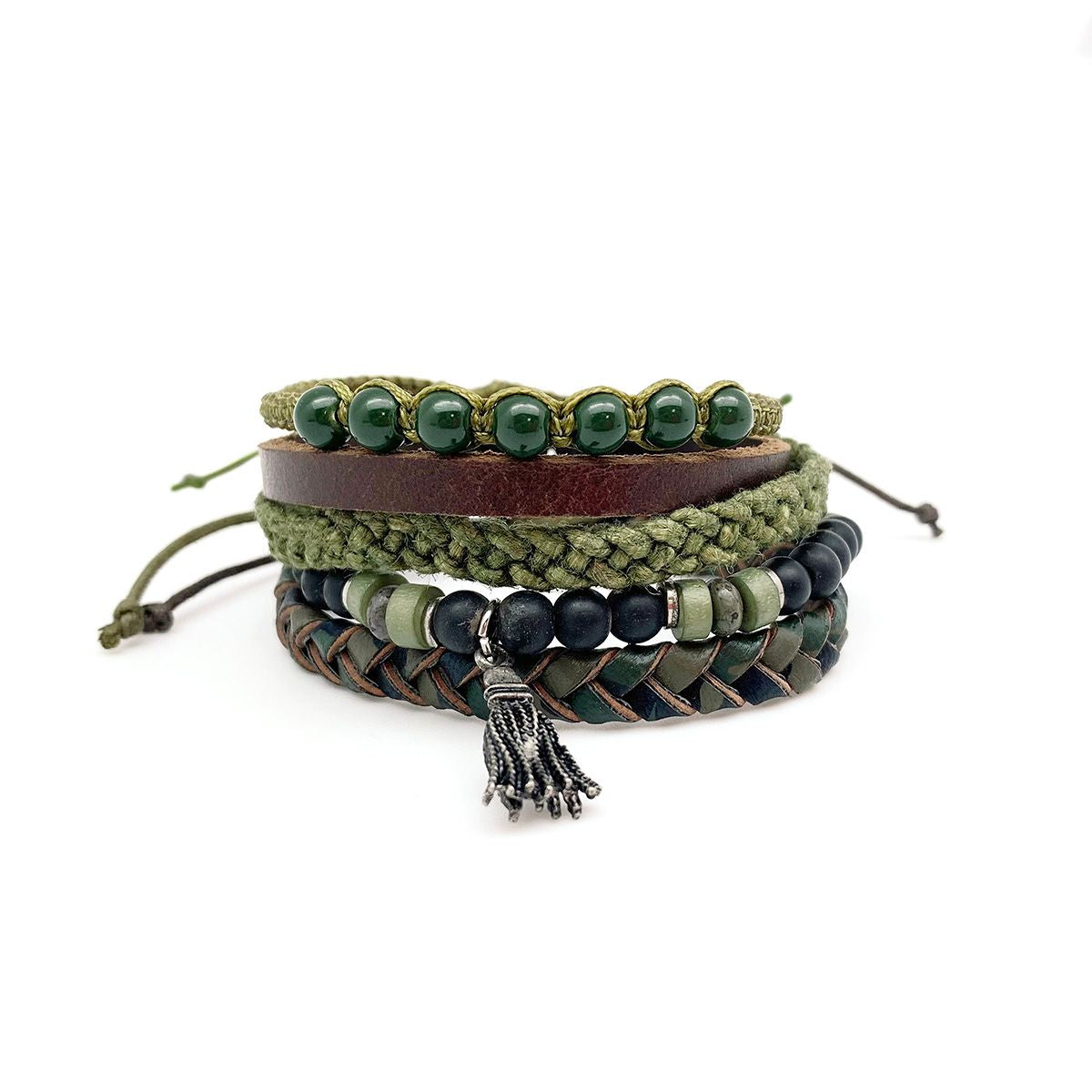 Men's Bracelet - Black and Green Beads, Leather, Tassel Bracelet Set