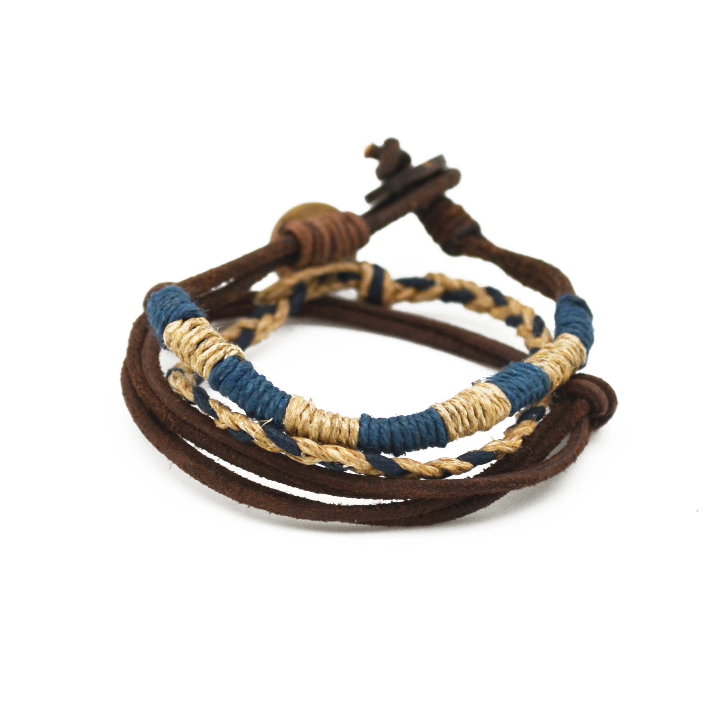 Men's Bracelet - Leather, Blue, Jute 3 part Bracelet with button and loop closure