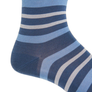 Blue With Azure Blue and Ash Double Stripe Cotton Sock Linked Toe Mid-Calf