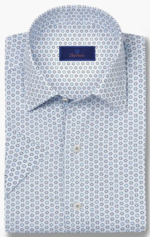 White & Blue Neat Print Short Sleeve Shirt