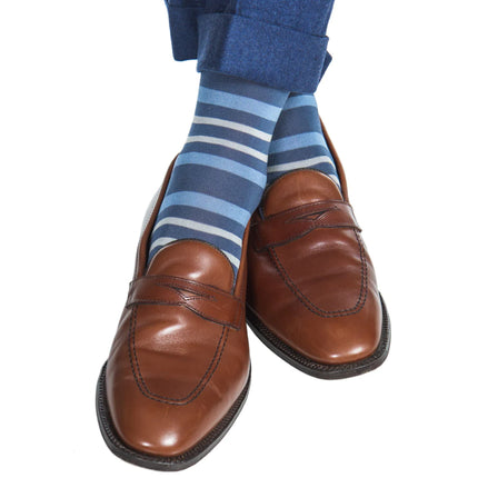 Blue With Azure Blue and Ash Double Stripe Cotton Sock Linked Toe Mid-Calf