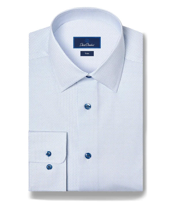White & Blue Micro Geometric Print Stretch Dress Shirt