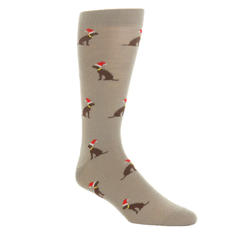 Brown Dog in Santa Hat Sock Linked Toe Mid-Calf
