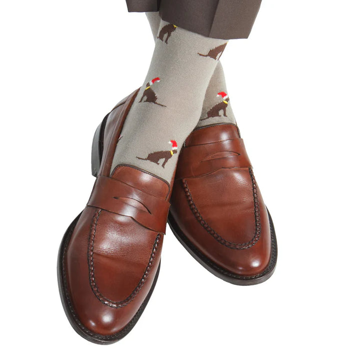 Brown Dog in Santa Hat Sock Linked Toe Mid-Calf