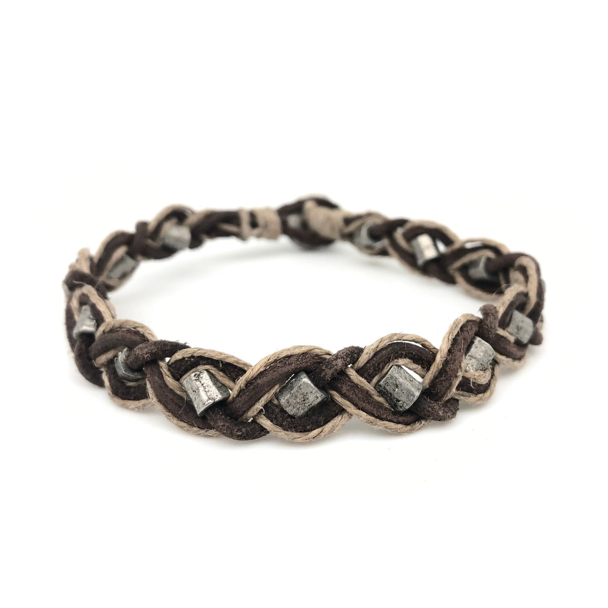 Men's Bracelet - Bead jute and silver weave w/ loop & button closure