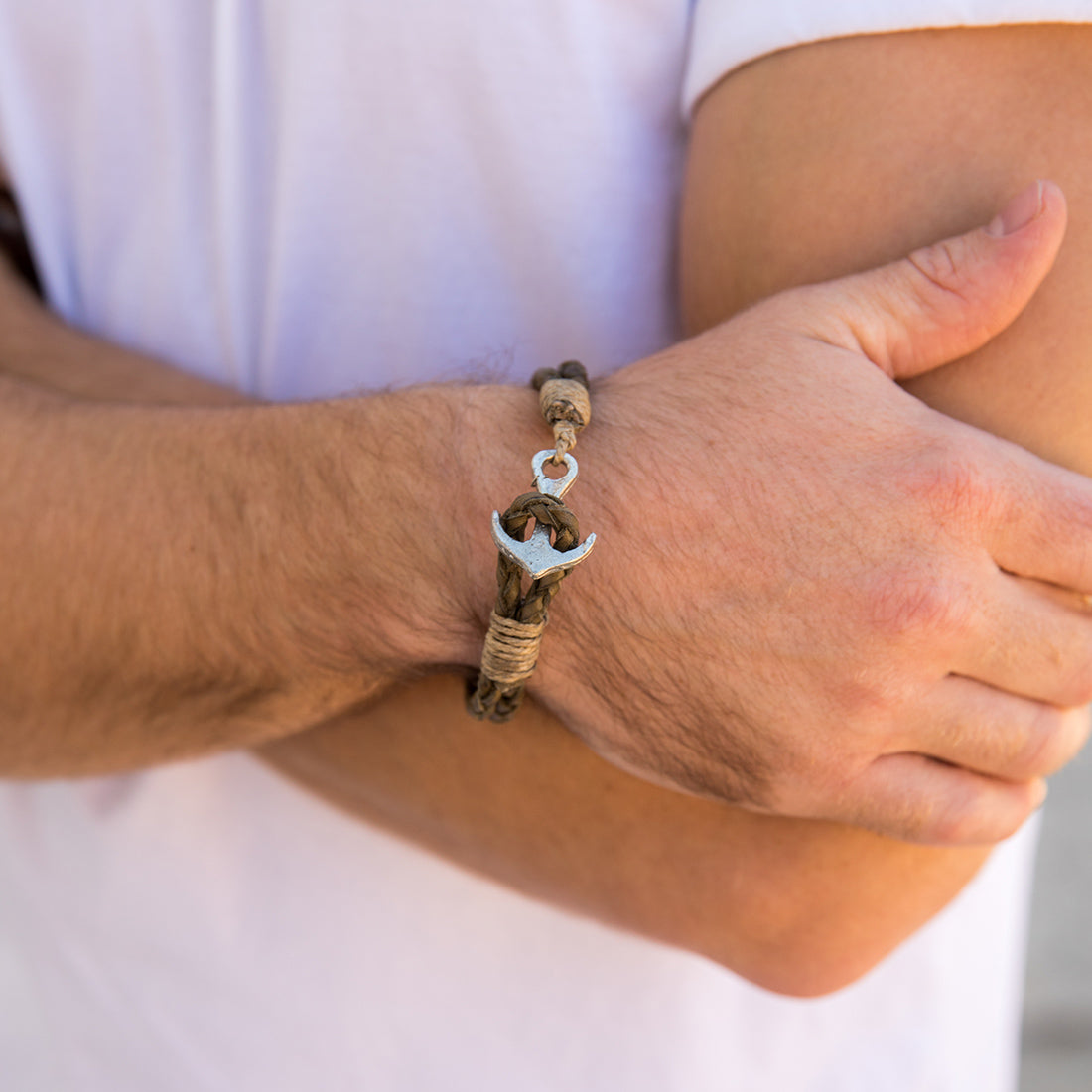 Men's Bracelet - Leather Knot Bracelet with Anchor Closure