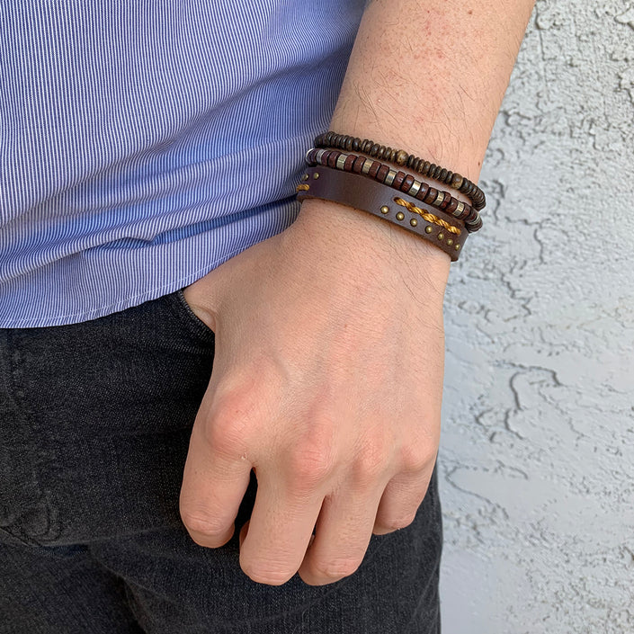 Men's Bracelet - Buckle strap leather and bead trio