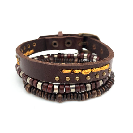 Men's Bracelet - Buckle strap leather and bead trio