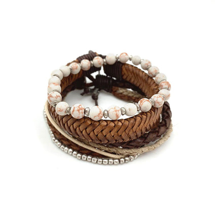 Men's Bracelet - White Beads, Brown Mixed Leather Set