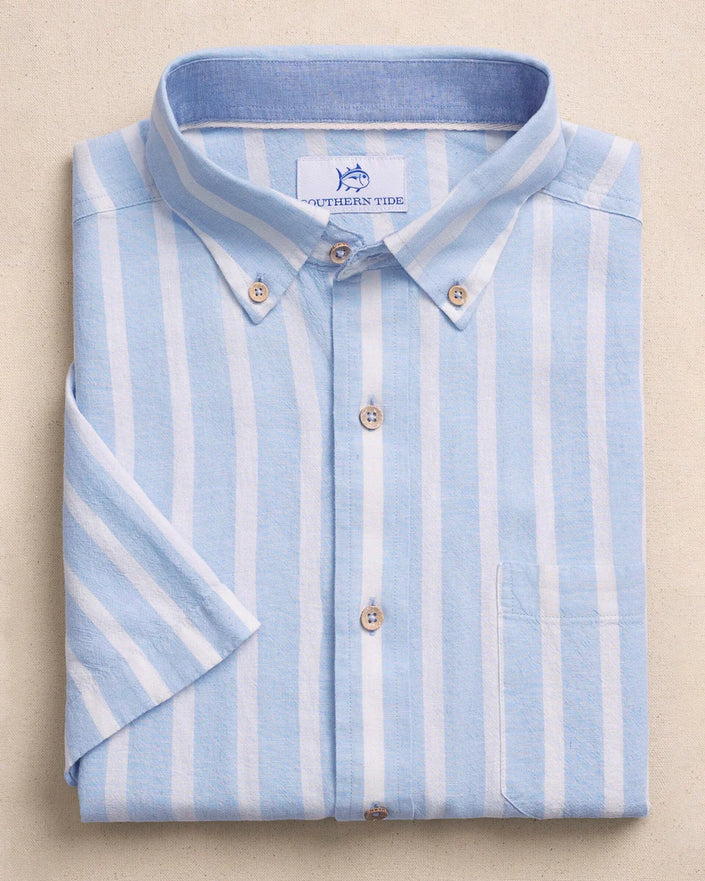 Seamark Stripe Linen Rayon Short Sleeve Sport Shirt