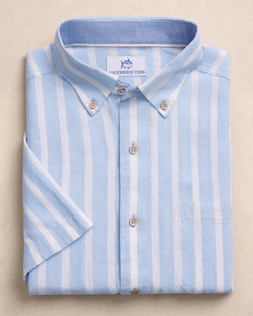 Seamark Stripe Linen Rayon Short Sleeve Sport Shirt